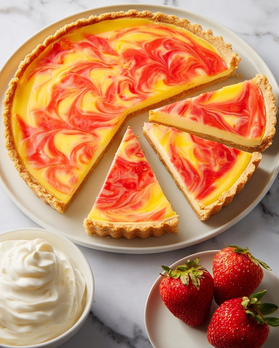 A tart with a golden, crumbly crust holds a smooth, swirled filling of bright yellow and vibrant red colors, creating a marbled pattern on top. The tart is cut into five slices, with three slightly separated from the whole. It sits on a white plate placed on a white marbled surface. To the right, there are two fresh, red strawberries with green leaves and a white bowl filled with creamy white whipped topping. The scene is bright and clean, with a fresh and inviting look. photo taken with an iphone --ar 4:5 --v 7