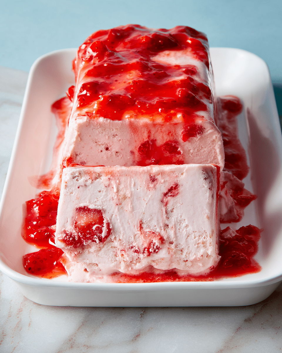 A creamy frozen pink dessert is sliced and placed on a white rectangular plate. The dessert has two main layers: a dense, speckled light pink ice cream base and a thick, glossy topping of bright red strawberry sauce with visible chunks of strawberries. The sauce slightly drips down the sides, mixing with the melting ice cream around the base, creating a marbled effect of red and pink on the plate. The background is a soft blue, and the surface under the plate is a white marbled texture. Photo taken with an iphone --ar 4:5 --v 7