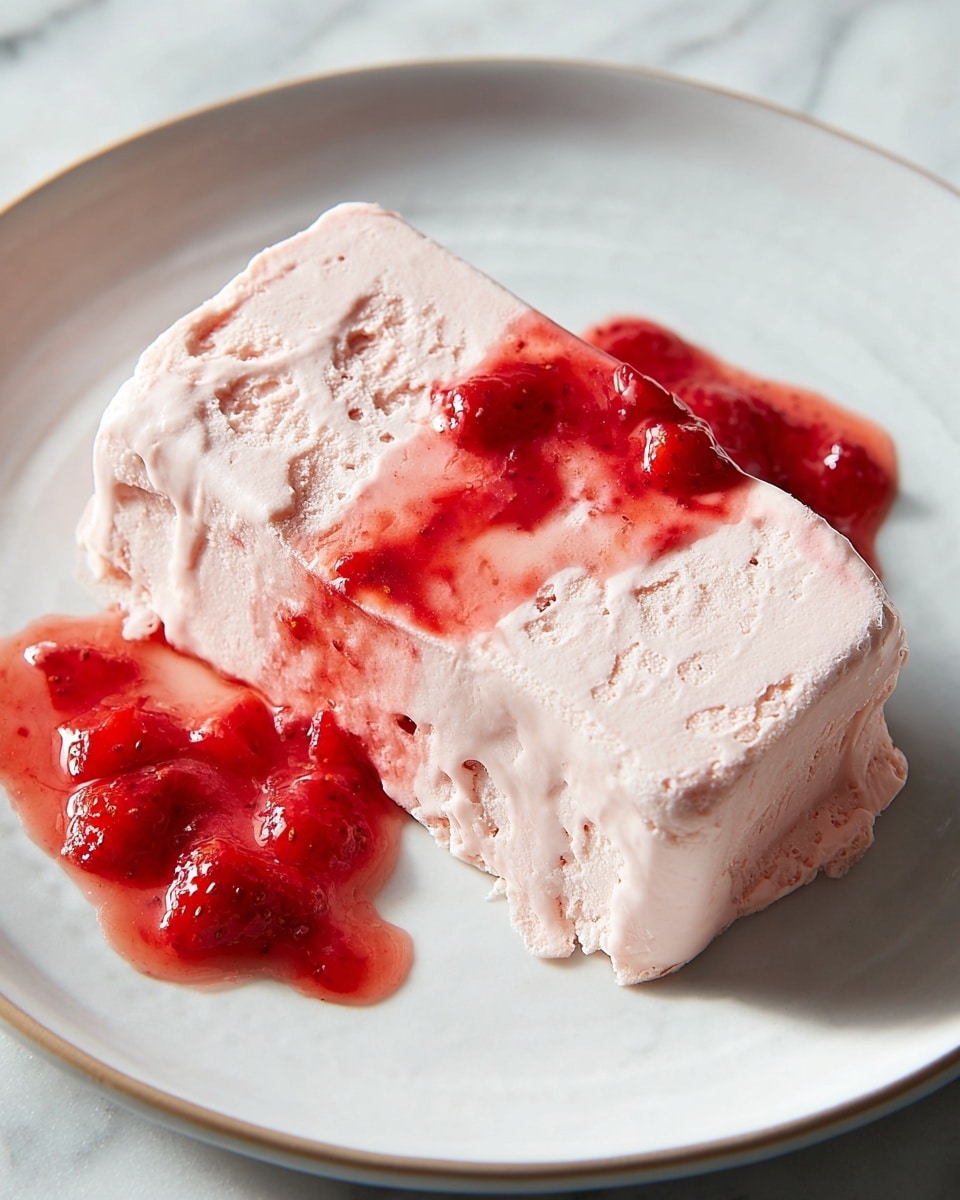A rectangular slice of pale pink frozen dessert with a soft, creamy texture sits on a white plate, its surface showing fine, icy patterns and a slightly uneven edge that drips a little on one side. On top and slightly behind the slice, there is a juicy, deep red strawberry sauce with visible strawberry chunks, spreading out over the plate in a glossy, thick layer. The overall look combines smooth creaminess with fresh, vibrant fruit topping on a clean white plate against a white marbled textured background. photo taken with an iphone --ar 4:5 --v 7