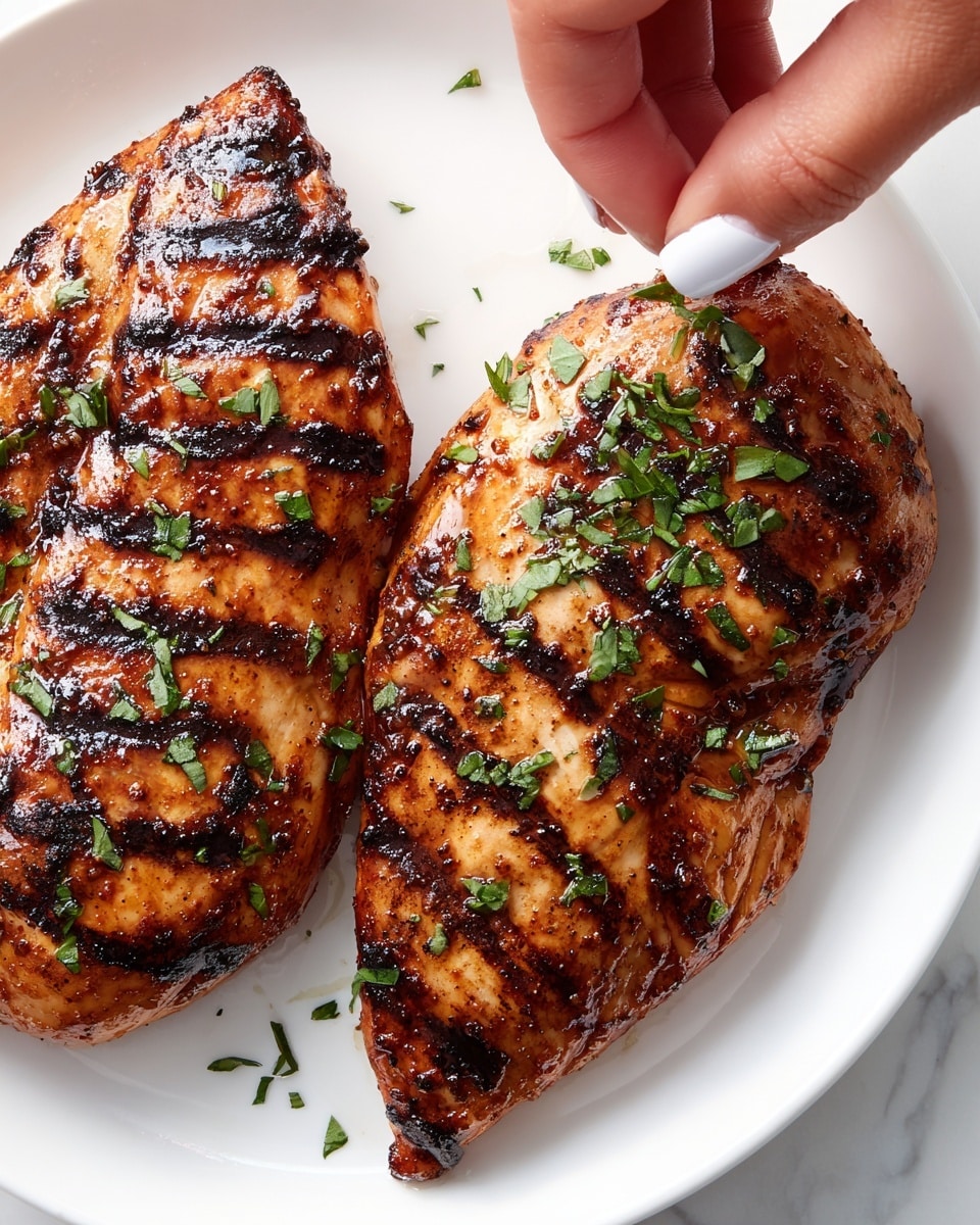 Two large grilled chicken breasts with dark grill marks cover nearly the whole frame, placed on a smooth white plate. The chicken's brown surface is shiny from glaze and sprinkled with chopped green herbs in small, uneven bits. A woman's hand with white nail polish is gently scattering fresh green herbs over the right piece of chicken. The background is a white marbled texture, adding a clean yet simple look to the scene. photo taken with an iphone --ar 4:5 --v 7
