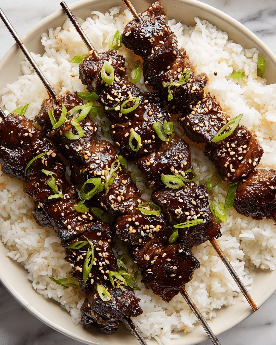 A close-up view of three metal skewers laid on a bed of white cooked rice inside a white bowl, each skewer threaded with three to four pieces of dark brown grilled meat glazed with a shiny, sticky sauce, sprinkled with beige sesame seeds. Small pieces of bright green sliced scallions are scattered over the rice and meat, adding a fresh contrast. The rice grains look soft and fluffy, slightly piled around the skewers, set against a white marbled surface. photo taken with an iphone --ar 4:5 --v 7
