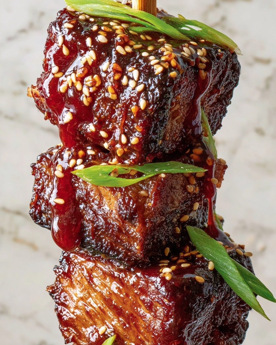 A close-up of two thick square pieces of roasted meat stacked vertically, covered in a shiny dark reddish-brown sauce with sesame seeds sprinkled heavily on top and sides. There are bright green onion slivers tucked between the meat pieces, adding a fresh contrast. The meat has a slightly charred, crispy texture on the outside, while the sauce looks sticky and glossy with drips forming at the edges. The background is a white marbled texture. Photo taken with an iphone --ar 4:5 --v 7