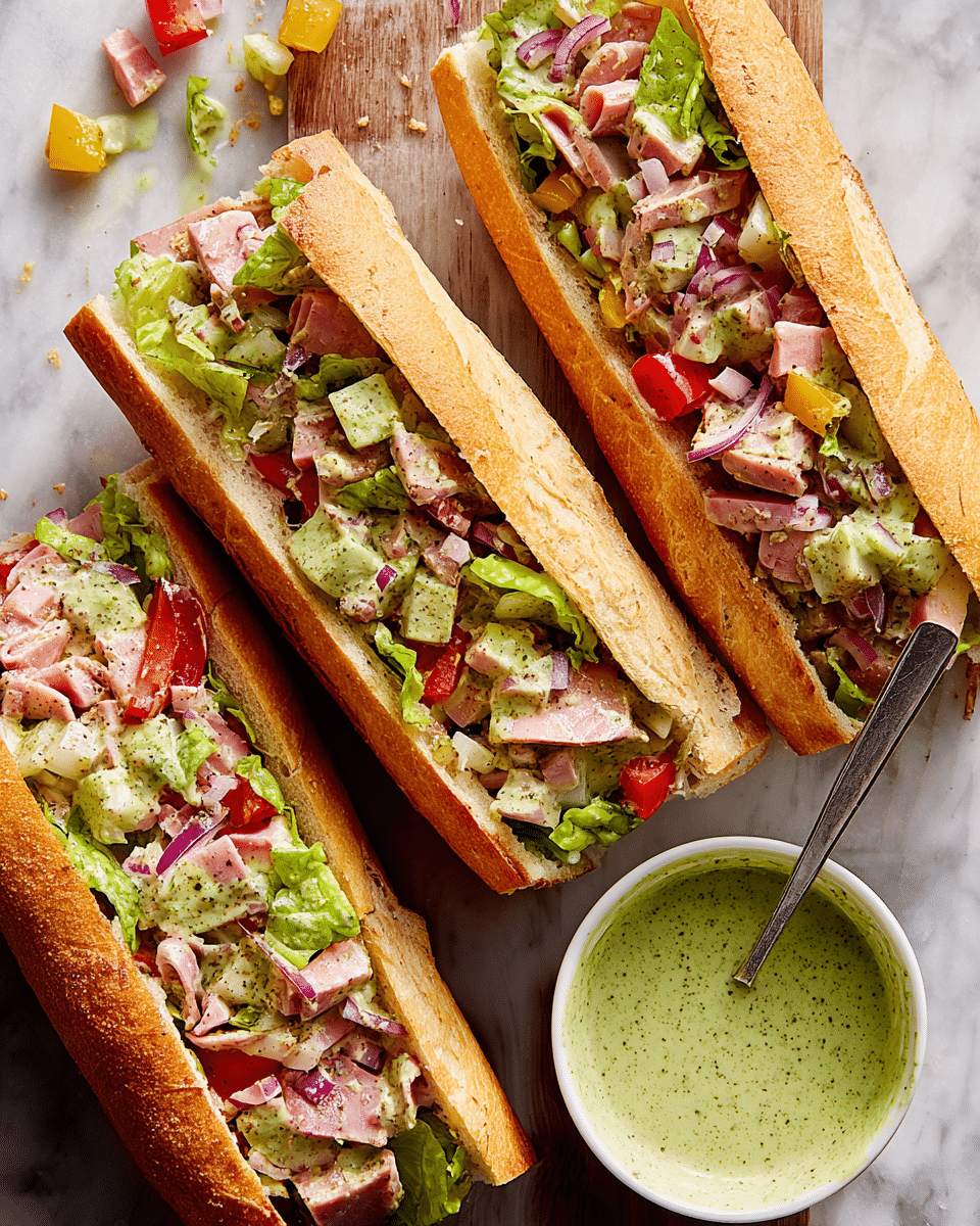 The image shows three sandwich halves made with a soft, golden-brown baguette as the base layer, each filled with a colorful mix of toppings. The filling layer includes chopped lettuce in fresh green, chunks of pale cheese, small diced red onions, red and yellow bell peppers, slices of pink deli meats, and bits of tomato, all mixed with a creamy dressing that gives a light green and white texture. To the side, there is a small white bowl filled with a creamy green sauce with a silver spoon resting inside. The sandwiches and bowl are placed on a white marbled textured surface with some pieces of the filling scattered around. photo taken with an iphone --ar 4:5 --v 7