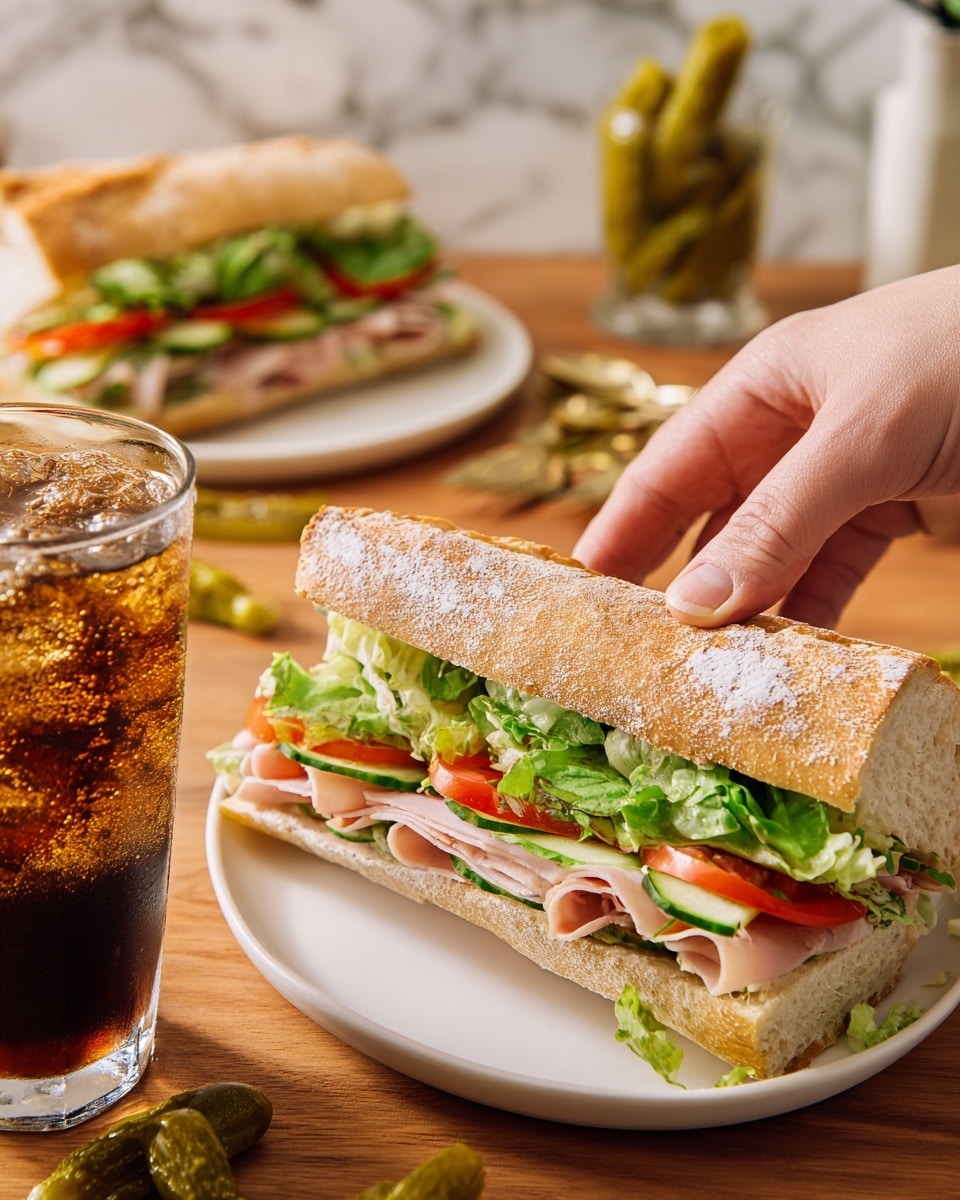 The image shows a close-up of a sandwich on a white plate with a rustic baguette that has a crunchy light brown crust dusted with flour. Inside the sandwich, there are visible layers of green leafy lettuce, chopped red tomato, light pink slices of ham, and thin cucumber strips layered together, giving a fresh and colorful look. A woman's hand is reaching to grab the sandwich from the right side of the plate. In the foreground, there is a glass of bubbly dark soda with foam on top, and behind the sandwich, there is another similar sandwich on a white plate, along with some pickled green peppers scattered on the wooden table, all set against a white marbled texture surface. Photo taken with an iphone --ar 4:5 --v 7