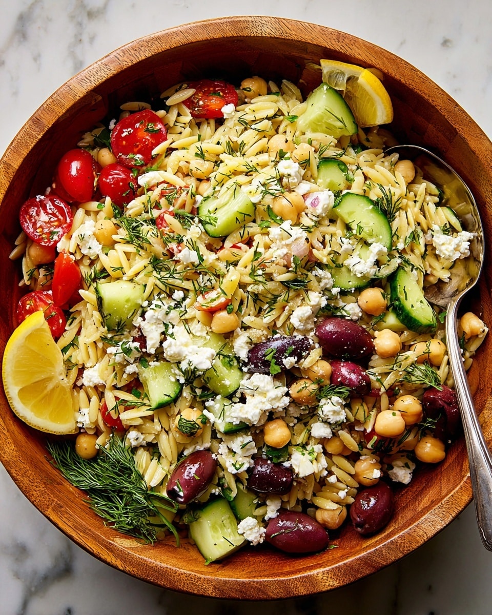 A deep white bowl full of a colorful salad with three main layers visible. The bottom layer is light yellow orzo pasta, soft and small in shape, filling the bowl deeply. Above that, there are bright green cucumber slices, fresh and round, mixed evenly throughout. On top, there are juicy red cherry tomato halves, creamy white feta cheese chunks, and light brown chickpeas scattered all over, with small green dill leaves sprinkled on top for a fresh look. The bowl is placed on a white marbled surface. photo taken with an iphone --ar 4:5 --v 7