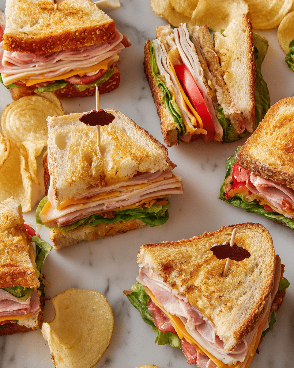 The image shows several club sandwich quarters arranged on a white marbled surface, each sandwich made of three slices of toasted golden brown bread. Inside, there are layers of thinly sliced pink ham, turkey meat, light orange cheddar cheese, fresh green lettuce, and red tomato slices, with a bit of mayonnaise. Some sandwiches are held together with a toothpick topped with a small dark red decoration. Scattered around the sandwiches are light golden potato chips with a crispy texture. The toasted bread has a slightly shiny finish with some melted butter spots visible. Photo taken with an iphone --ar 4:5 --v 7