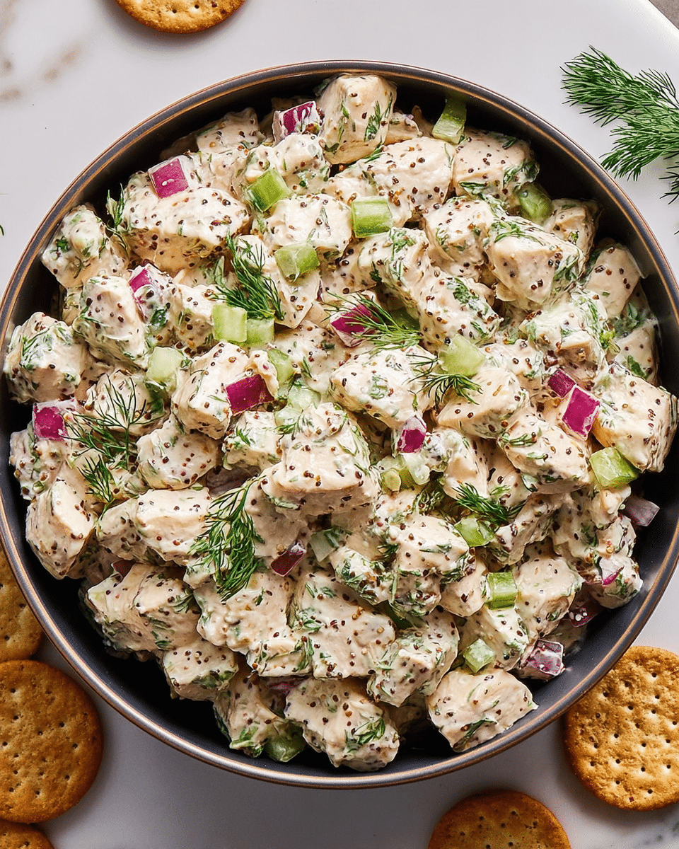 A close-up top view of a bowl filled with chunky chicken salad, showing about three layers of diced ingredients mixed with a creamy dressing. The main layer consists of white chicken pieces covered with a speckled white dressing with visible black pepper and bits of mustard seeds. Interspersed within the chicken are small pieces of red onion in pale purple shades, and chopped pale green celery bits. The salad is sprinkled with fresh green dill leaves, adding a bright green color contrast. The bowl is round with a dark interior and placed on a white marbled surface, with a few toasted round crackers lying around. Photo taken with an iphone --ar 4:5 --v 7