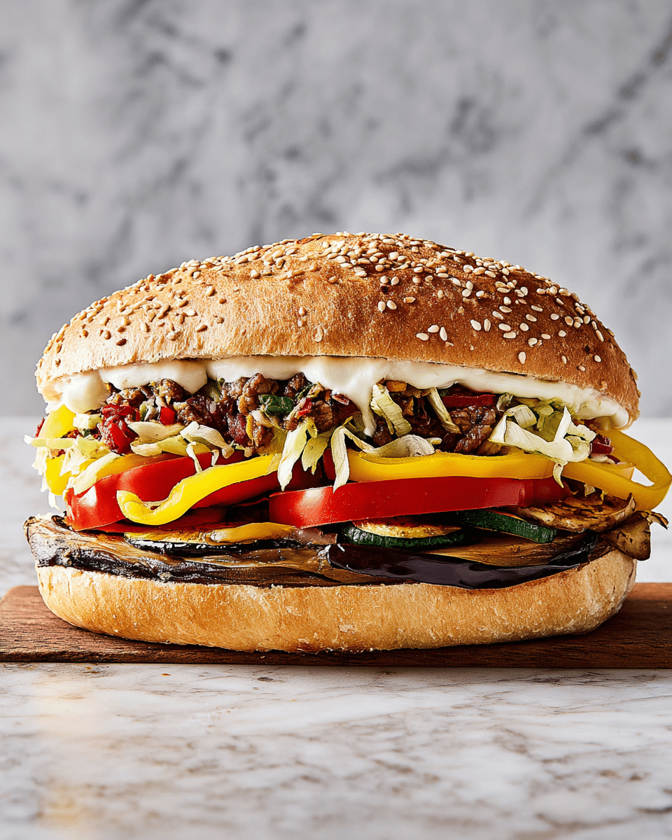 A close-up of a sandwich with a sesame seed top bun showing five layers inside, starting with a spread of white mayonnaise on the inside of the bun. Below the mayonnaise is a layer of finely chopped black and green olives mixed with red pieces, followed by shredded light green lettuce and bright yellow pepper rings. Under the peppers is a layer of thinly sliced white onions and red tomato slices. The bottom layer consists of grilled dark brown eggplant slices and some grilled zucchini with green skin, all inside a golden toasted sesame seed bun, sitting on a white marbled surface. photo taken with an iphone --ar 4:5 --v 7
