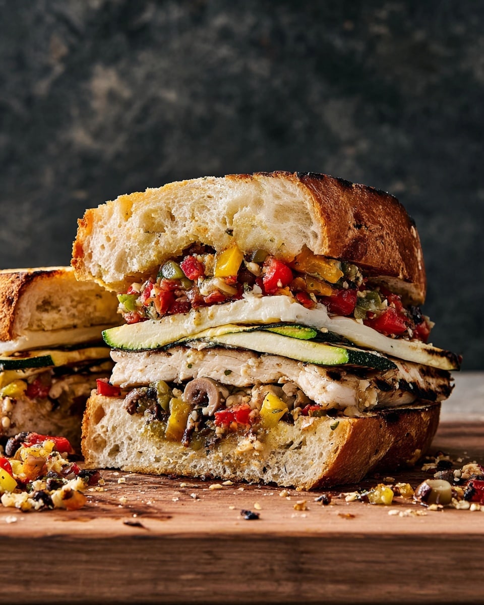 The sandwich cut in half shows five clear layers inside thick, soft sandwich bread with a golden crust. The bottom layer is light brown grilled chicken with visible grill marks. Above it are two slices of grilled zucchini, pale green with charred edges. The next layer is a slice of creamy white cheese, followed by a bright red slice of tomato. On top are chopped black and green olives mixed with small pieces of red and yellow bell peppers, creating a colorful, chunky texture. The sandwich rests on a wooden surface with bits of the topping scattered around, and the background is a dark textured wall. photo taken with an iphone --ar 4:5 --v 7