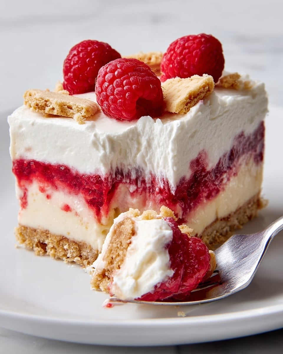 The image shows a square slice of layered dessert on a white plate, set on a white marbled texture. The dessert has four visible layers: the bottom layer is a crumbly light brown crust, above that is a thick creamy white layer, followed by a bright red raspberry layer with visible seeds, and topped with a fluffy white cream layer. On top of the cream layer, there are a few whole fresh raspberries and broken cookie pieces. A fork holding a bite of the creamy white and red raspberry layer is partially inserted into the dessert from the right side. The photo taken with an iphone --ar 4:5 --v 7