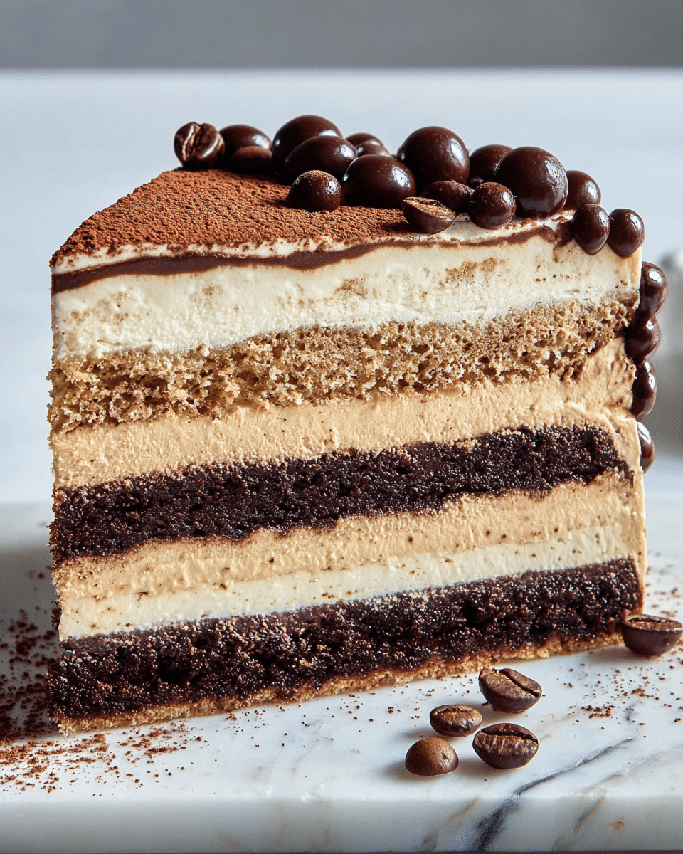 A slice of layered cake is shown on a white marbled surface with five visible layers. From bottom to top, there is a dark brown moist chocolate layer, a light beige creamy layer, another dark brown chocolate layer, a rich dark chocolate ganache layer, and a final light beige creamy layer. The top of the cake is covered partially with cocoa powder on a creamy surface that is decorated with shiny dark brown round chocolate balls, scattered mostly on the right side. Photo taken with an iphone --ar 4:5 --v 7