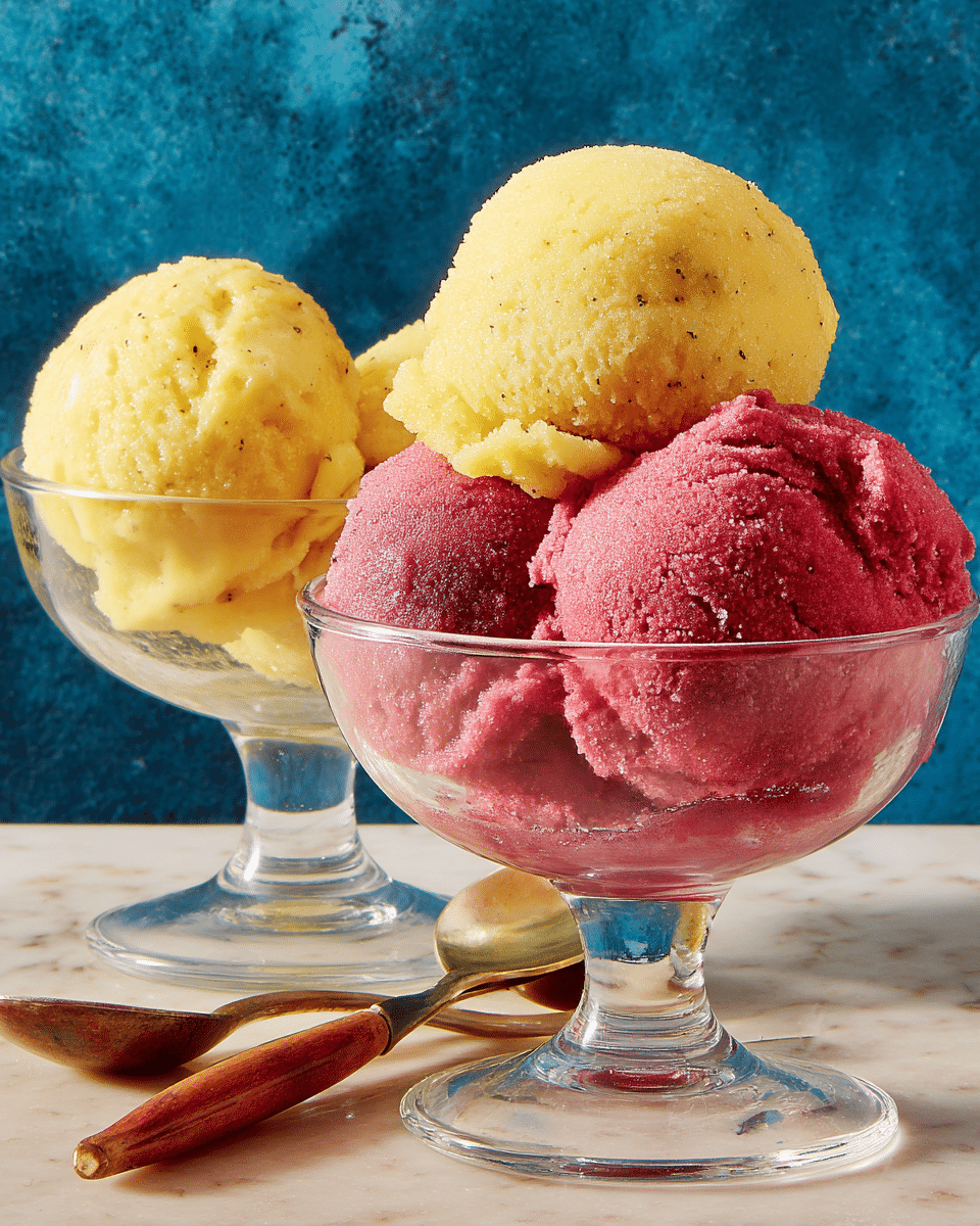 Two clear glass dessert bowls are each filled with three scoops of sorbet. The bowl in the back holds yellow sorbet with a smooth, icy texture and some small, grainy bits showing. The bowl in the front has two closely placed scoops of dark pink sorbet that looks creamy and glistening with tiny ice crystals. Both bowls have wide, rounded tops with stout stems and sit on a beige surface with a white marbled texture. Two silver spoons with wooden handles lie near the bowls. The background is a rough blue wall texture. photo taken with an iphone --ar 4:5 --v 7