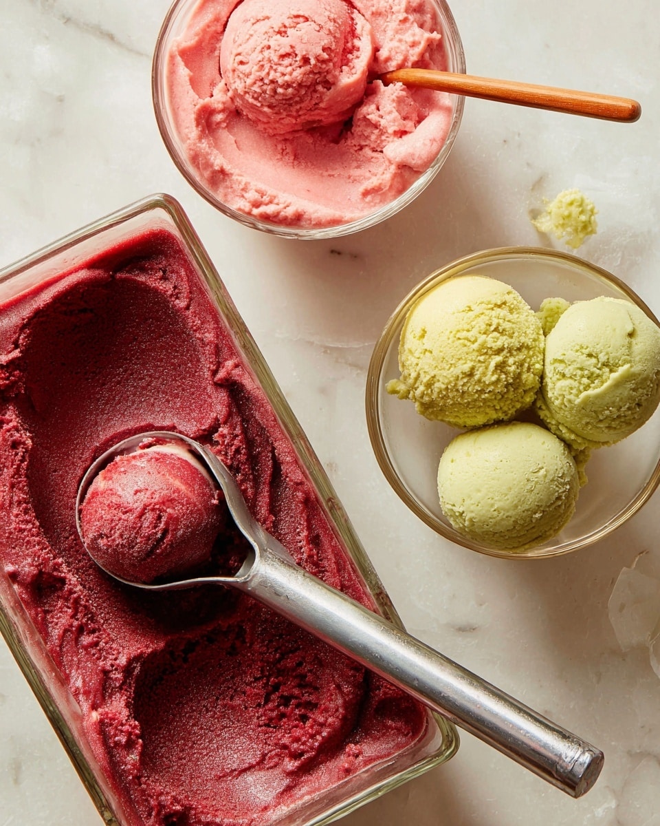 The image shows two glass bowls and a rectangular container with frozen sorbet. The rectangular container is filled with rich dark red sorbet, with a silver metal scoop holding one round scoop of the sorbet inside it. To the left, there is a bowl with a pinkish-red sorbet that looks creamy and smooth, with a wooden spoon resting inside. Above that bowl is another glass bowl with three rounded scoops of pale green sorbet, having a slightly grainy texture. All items are placed on a white marbled surface. photo taken with an iphone --ar 4:5 --v 7