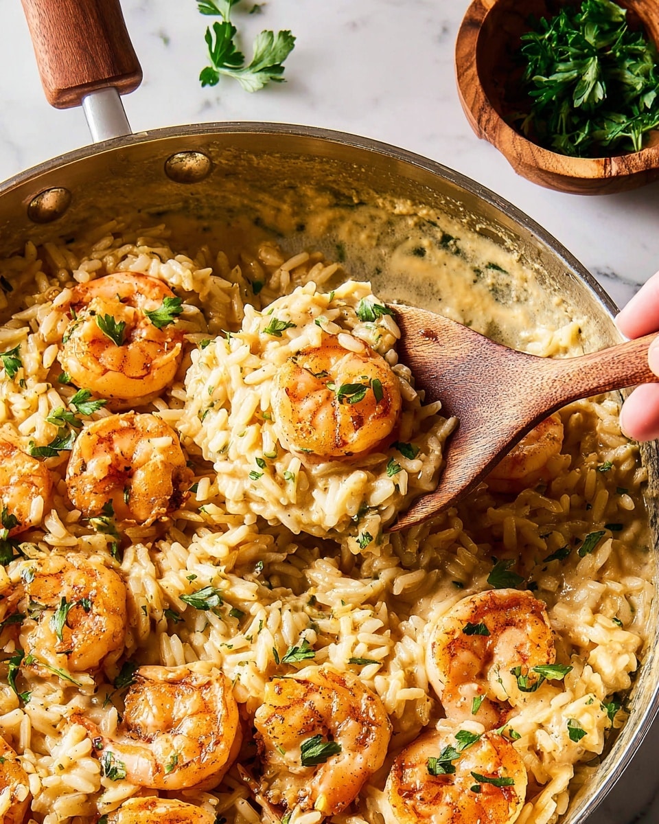 A close-up of a pan filled with a creamy rice dish with large cooked shrimp scattered throughout. The rice is light golden and coated with a smooth, rich sauce. The shrimp are pink-orange with a slight char, showing a soft texture. Small bright green parsley leaves are sprinkled on top, adding a fresh touch. A wooden spoon lifts a scoop of rice and shrimp from the pan, held by a woman's hand. In the background, some fresh parsley is visible in a wooden bowl on a white marbled surface. photo taken with an iphone --ar 4:5 --v 7