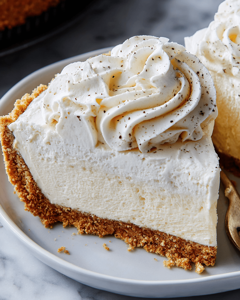 A close-up of a slice of creamy white dessert with brown specks, showing two layers: a thick crumbly golden-brown crust at the bottom and a thick smooth cream layer on top. The cream layer has a textured swirl of whipped cream with visible tiny brown specks, placed on a white plate. The edge of the crust is crumbly with a few crumbs scattered near the slice. The background is a white marbled texture. Photo taken with an iphone --ar 4:5 --v 7