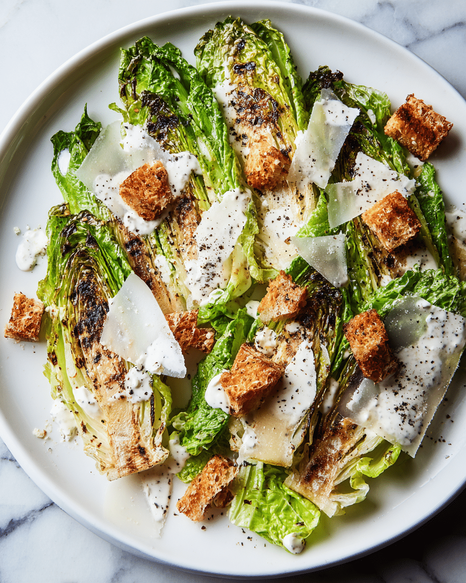 A white plate holds three layers of grilled romaine lettuce halves with charred dark edges and fresh green leaves. On top, several crispy golden-brown croutons are scattered, some darker from grilling. Large, thin white cheese slices are spread across the lettuce and croutons, adding a textured look. Creamy white dressing is drizzled unevenly over everything, with small black pepper specks visible. The plate rests on a white marbled surface. photo taken with an iphone --ar 4:5 --v 7