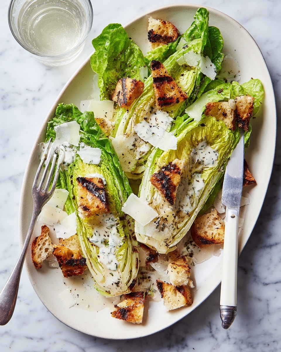 The dish shows two large grilled lettuce halves placed on a white oval plate with a light beige edge. The lettuce leaves are bright green with some dark brown char marks. Scattered on and around the lettuce are several pieces of toasted brown bread, also with dark grill lines. Small patches of creamy white dressing are drizzled over the lettuce and bread. Thin, uneven shavings of pale cheese are spread lightly on the food. A white-handled knife rests on the right side of the plate, and a white-handled fork on the left, with a piece of lettuce held by the fork. The plate sits on a white marbled surface with a glass of water partly visible in the top left corner. photo taken with an iphone --ar 4:5 --v 7