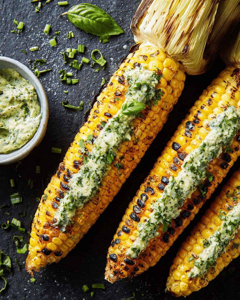 Three ears of grilled yellow corn with charred black and brown spots are topped with a creamy, pale green herb butter spread unevenly across the kernels, sprinkled with finely chopped fresh green herbs, and garnished with a whole small green leaf. They lay side by side on a dark textured surface with scattered chopped green herbs around them. The corn husks are partially visible at the ends. In the bottom left corner, part of a white bowl with green herb butter can be seen. Photo taken with an iphone --ar 4:5 --v 7