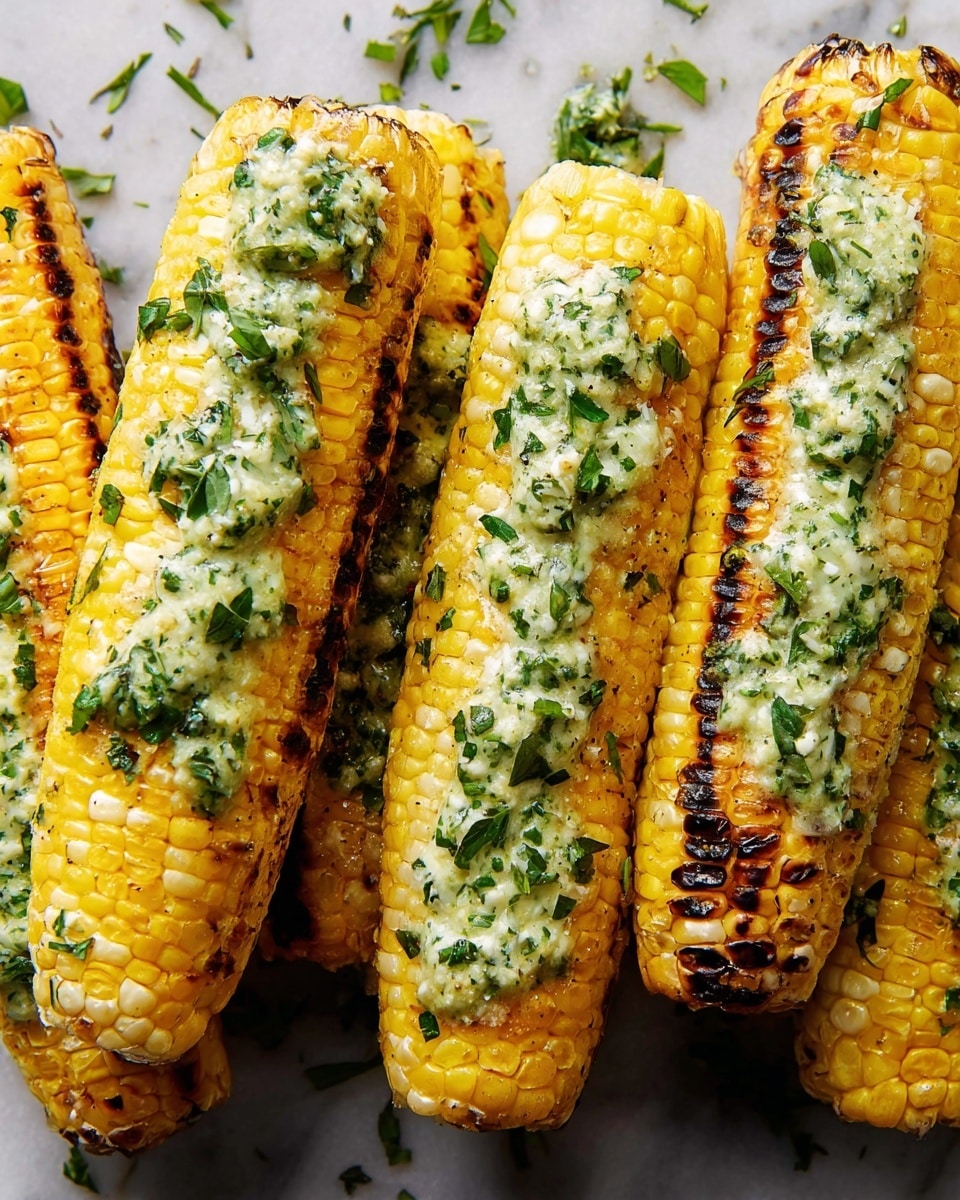 Four grilled corn cobs with char marks, each covered with a layer of creamy green herb butter that is melting into the corn kernels. The corn is yellow with some white kernels, and the herb butter is mixed with small green bits of parsley or cilantro, spread unevenly on top. The background is a white marbled texture, with some scattered green herbs around the corn cobs. Photo taken with an iphone --ar 4:5 --v 7