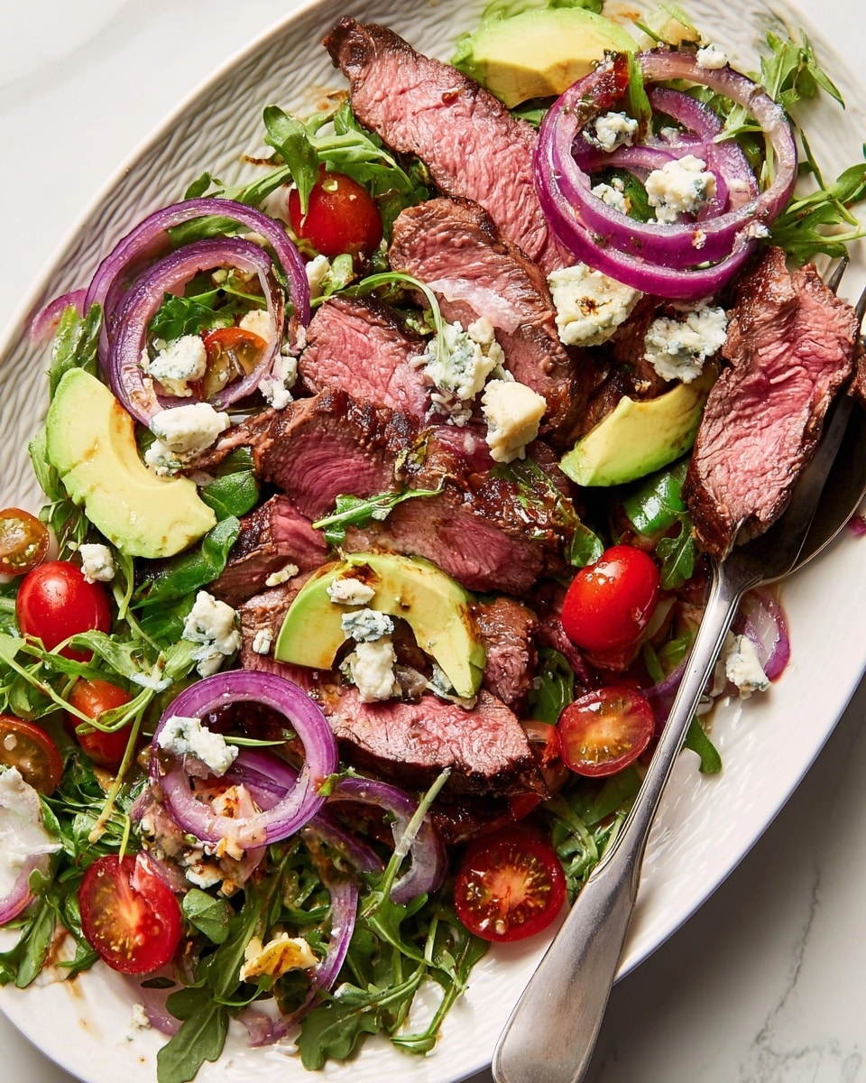 This dish is arranged on a white plate placed on a white marbled surface, featuring several layers of food. The base layer is mixed green leaves including arugula and basil, spread evenly across the plate. On top of the greens are slices of medium-rare grilled steak with a pink center and a charred dark brown crust. Interspersed among the steak are thin slices of avocado with light green flesh and darker green skin, topped with a drizzle of brown balsamic glaze. There are also halved bright red cherry tomatoes and rings of sautéed purple onions adding freshness and color contrast. The dish is finished with small chunks of blue cheese scattered on top, adding texture and a creamy white and blue spotted look. The overall appearance is colorful, fresh, and layered with juicy, crisp, and creamy textures. photo taken with an iphone --ar 4:5 --v 7
