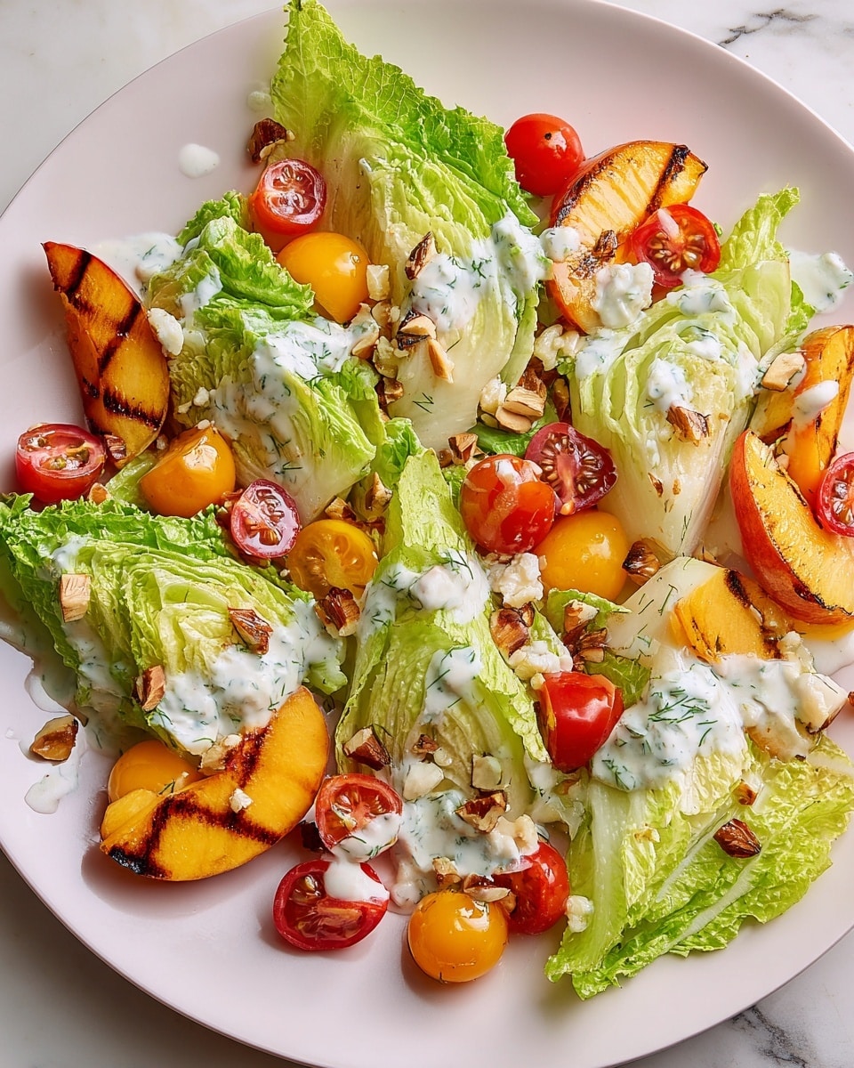 The image shows a white plate full of fresh salad with layers of green lettuce wedges arranged around the plate. On top of the lettuce are grilled peach slices with dark grill marks, adding a warm golden color and soft texture. Scattered red grape tomatoes and yellow cherry tomatoes add bright pops of red and orange. There are small bits of crumbled blue cheese layered unevenly over the salad, with creamy white dressing drizzled generously on top. Chopped chives and whole hazelnuts are sprinkled across for extra green color and a crunchy texture. A woman's hand is holding a serving spoon with a lettuce wedge, a grilled peach slice, some dressing, and a few hazelnuts. In the background, a clear glass bowl of creamy dressing sits on a white marbled surface. photo taken with an iphone --ar 4:5 --v 7
