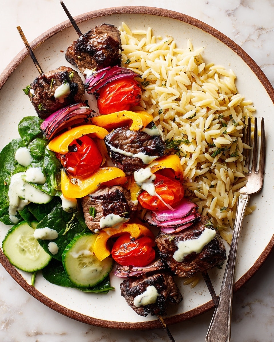The image shows five skewers of grilled beef pieces, bright red cherry tomatoes, orange and yellow bell pepper slices, and purple onion layers, all neatly arranged on a bed of golden orzo rice with green herb sprinkles, all served on a large white rectangular plate placed on a white marbled surface. Each skewer has a pattern of layered ingredients, mixing the charred meats with colorful vegetables, creating a vivid contrast against the light rice base. The grill marks on the beef and vegetables add a textured, appetizing look. photo taken with an iphone --ar 4:5 --v 7