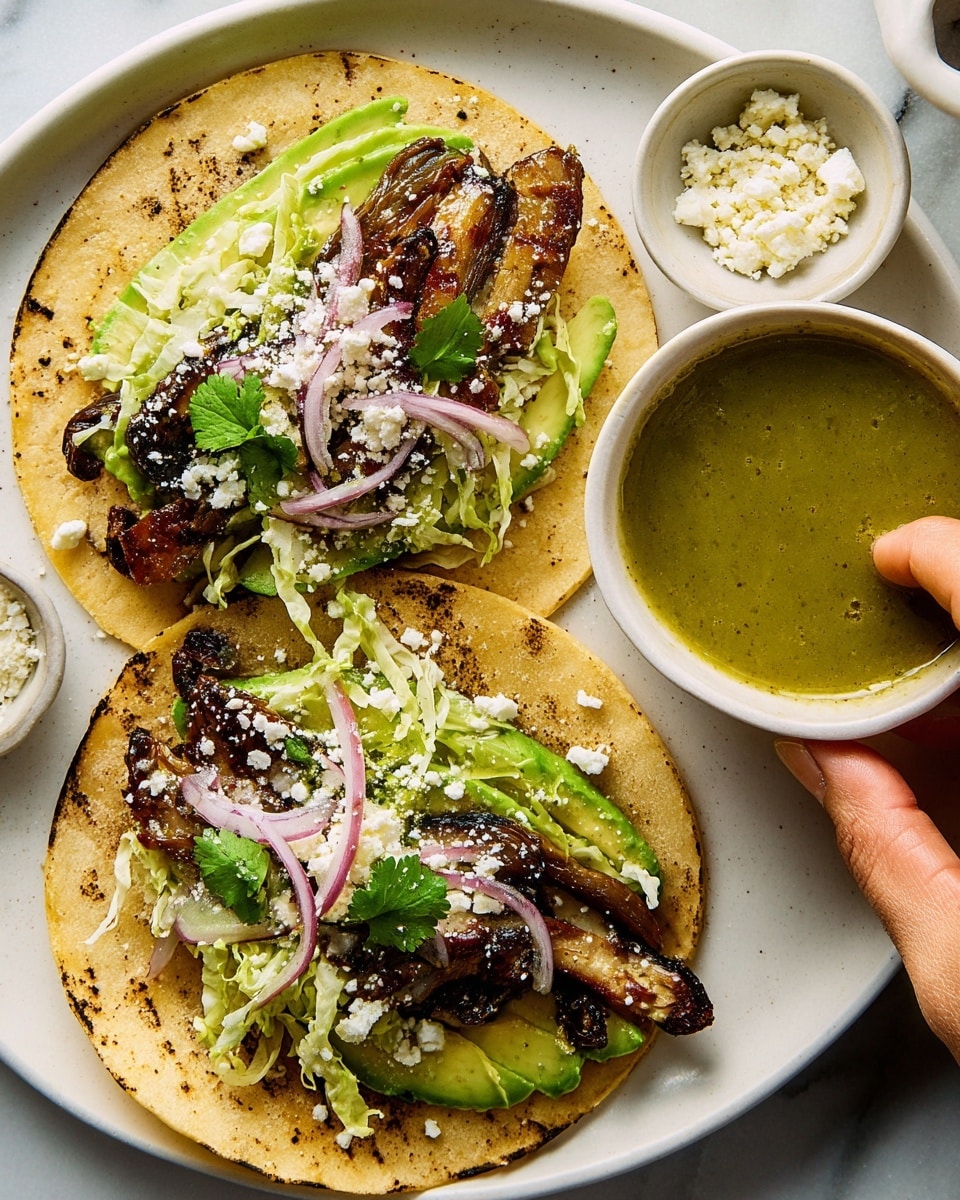 The image shows two small, lightly toasted corn tortillas placed on a white plate with a white marbled texture background. Each tortilla has layers starting with green avocado slices at the bottom, followed by grilled, dark brown strips of meat or mushrooms with grill marks, topped with light green shredded lettuce, thin slices of red onion, sprinkled with crumbled white cheese and a few green cilantro leaves. Near the tortillas, there is a small white bowl filled with green sauce and a small bowl with more crumbled white cheese. A woman's hand is holding one taco on the right side of the image. photo taken with an iphone --ar 4:5 --v 7