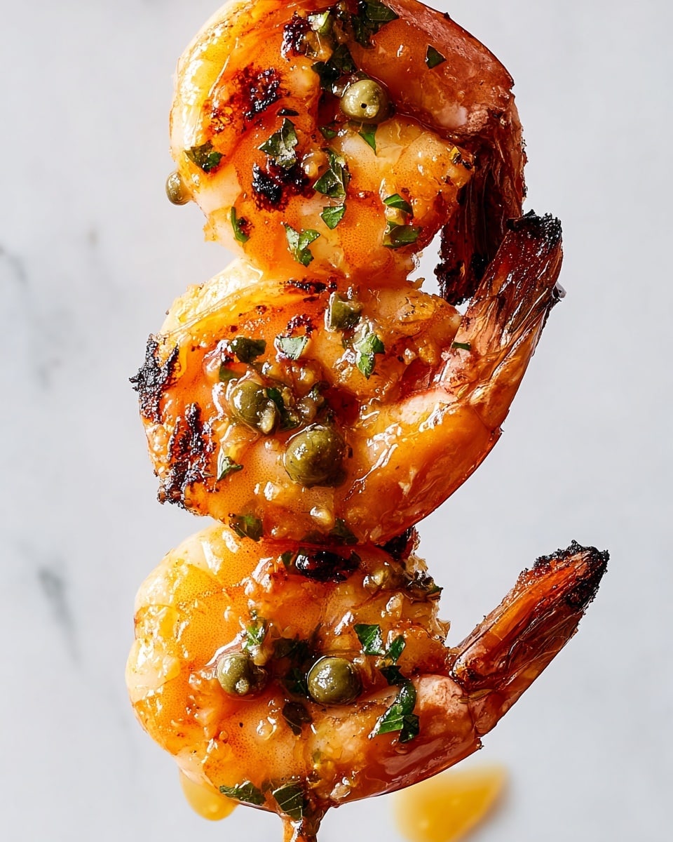 A close-up view of three grilled shrimp stacked vertically on a skewer, each shrimp showing a vibrant orange-pink color with charred grill marks and a slightly glossy texture from a garlic butter sauce. The shrimp are garnished with small green herbs and capers scattered across their surfaces, with a few drops of sauce dripping from the bottom shrimp. The shrimp tails are intact and slightly curled, adding a rustic touch. The background is a clean white marbled texture, creating a simple and bright setting that makes the shrimp stand out. photo taken with an iphone --ar 4:5 --v 7