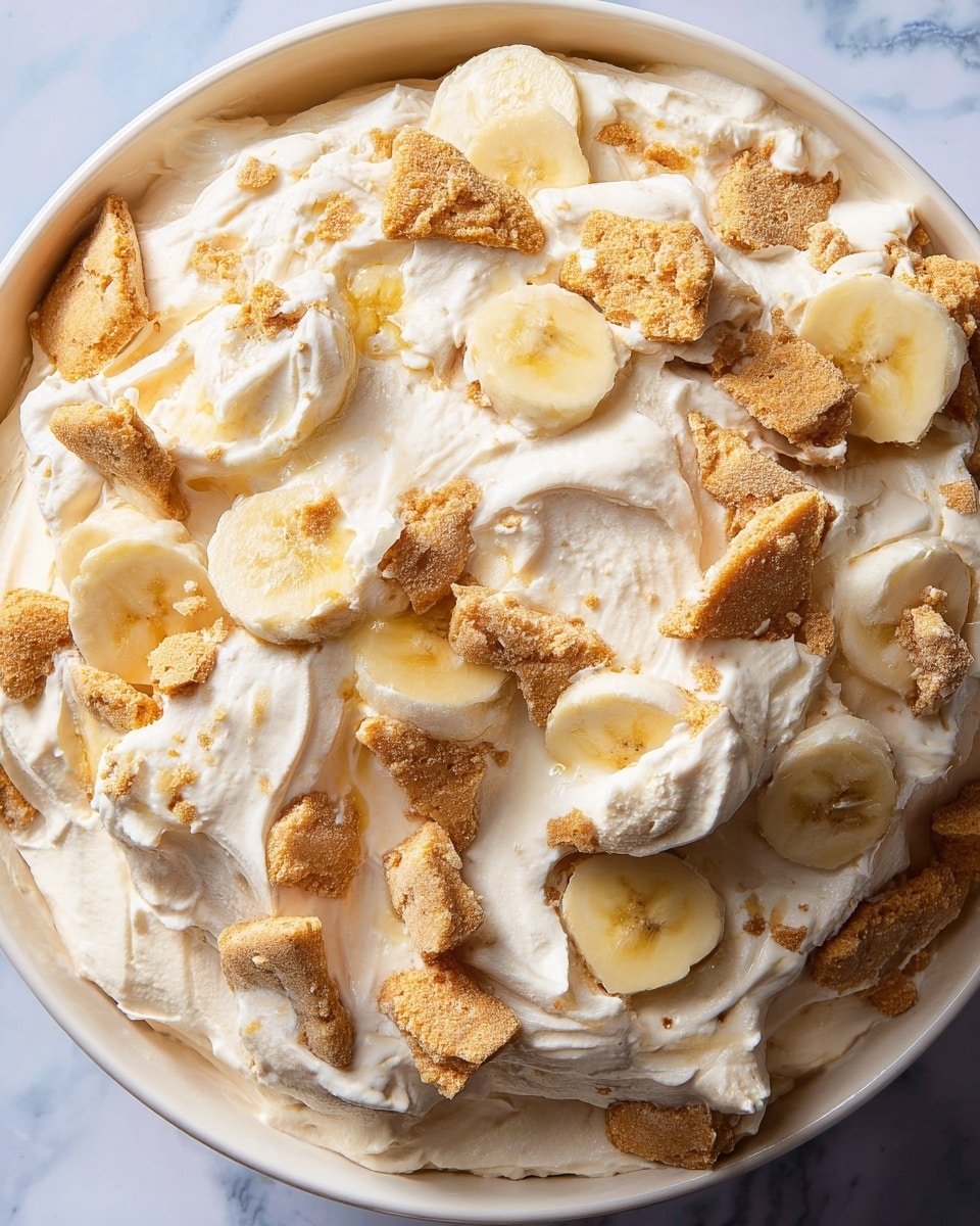 A large white bowl is filled with a creamy, light beige dessert that is thick and fluffy in texture. Mixed throughout are slices of pale yellow banana and golden brown broken cookie pieces scattered on top and folded inside, creating a layered look of soft cream, smooth banana slices, and crunchy cookie bits. A silver spoon holds a scoop of the dessert above the bowl, showing the mix of creamy and crumbly textures. The background is a white marbled surface with some cookie crumbs around the bowl. photo taken with an iphone --ar 4:5 --v 7
