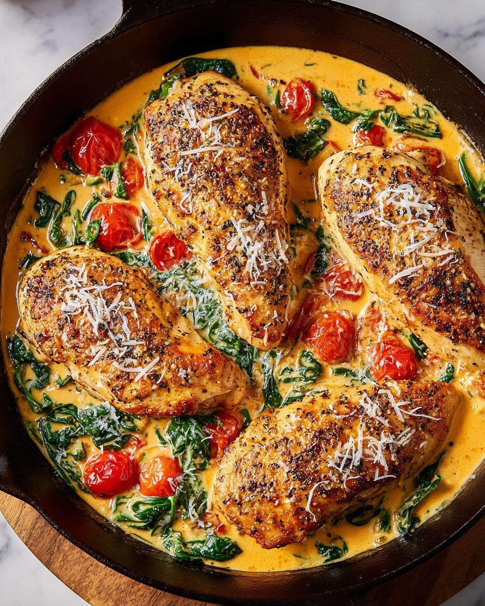 The image shows four pieces of golden-brown cooked chicken breasts placed in a white pan filled with a creamy orange-yellow sauce. The sauce contains small red cherry tomatoes and green spinach leaves, adding bright color contrast. The chicken pieces are grilled with visible seasoning on top, showing a slightly crispy texture. A woman's hand holding silver tongs is lifting one piece of chicken in the lower left corner of the pan. The pan is set on a black stovetop surface, and the background has a white marbled texture. photo taken with an iphone --ar 4:5 --v 7