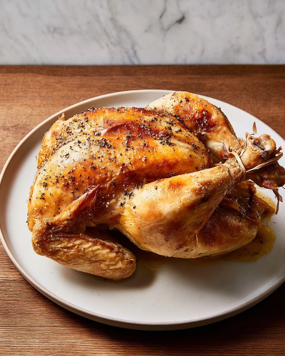 A whole roasted chicken with golden brown, crispy skin is placed on a white round plate. The chicken's skin is speckled with coarse salt and black pepper, giving it a textured, well-seasoned look. Its wings and legs are tucked close to the body, with the leg tied with cooking string. The plate sits on a wooden surface, against a white marbled background. The chicken looks juicy and freshly cooked with a slight sheen on the skin. photo taken with an iphone --ar 4:5 --v 7
