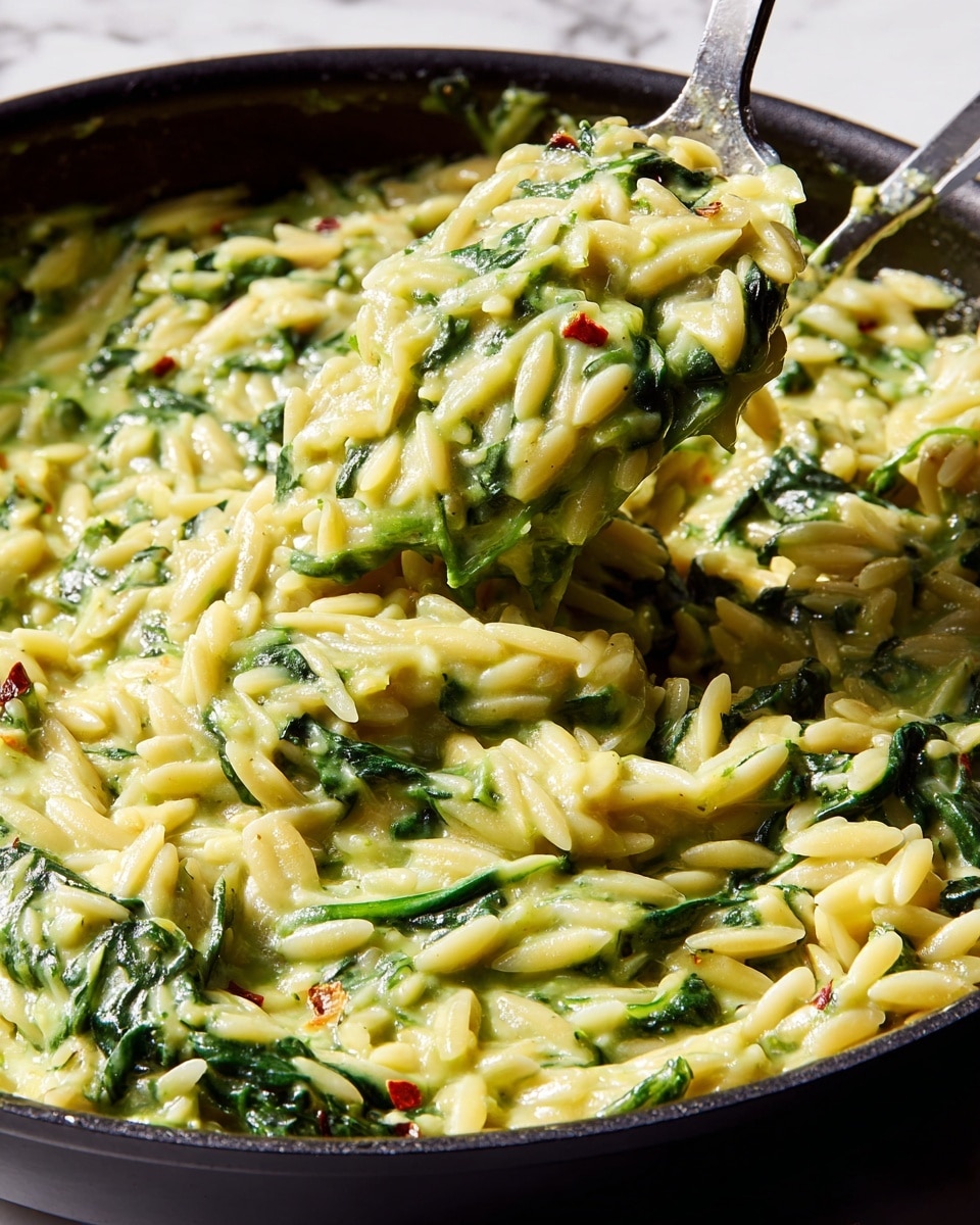 The image shows a close-up of a creamy orzo pasta dish in a black pan. The dish has one main layer made of small pasta pieces coated in a thick, greenish-yellow sauce with visible spinach leaves mixed throughout. The orzo pasta is soft in texture and the sauce appears smooth and rich, clinging well to the pasta and leaves. Some red pepper flakes are lightly scattered within the sauce, adding small specks of color. A metal spoon scoops up a portion of the pasta and spinach, lifting it above the pan to showcase the texture and consistency of the creamy mixture. The background is a white marbled texture. photo taken with an iphone --ar 4:5 --v 7