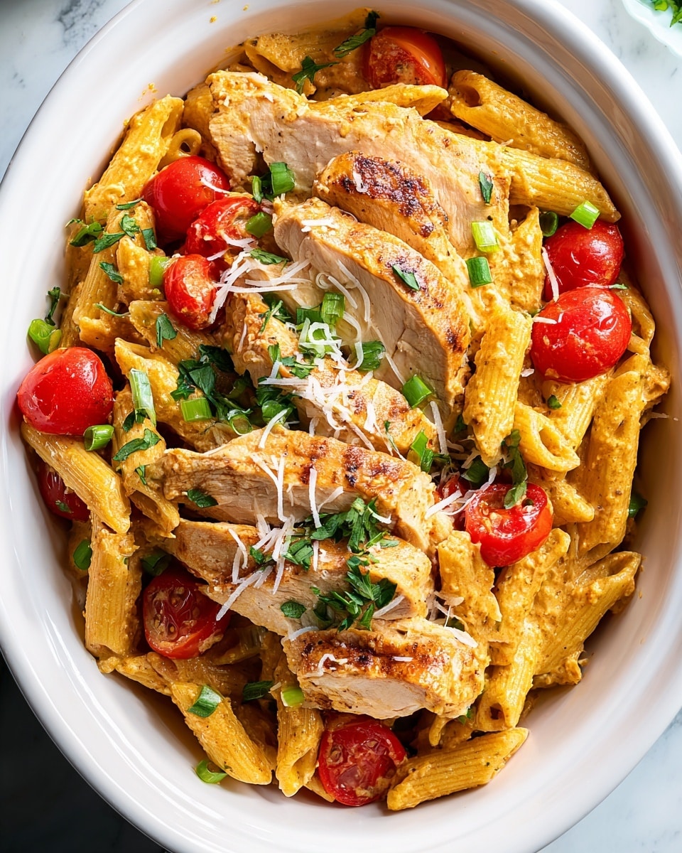 The image shows a close-up of a white bowl filled with creamy pasta. On the bottom layer, there are penne pasta coated in a light brown sauce with bits of green herbs sprinkled on top. Scattered throughout the pasta are cherry tomatoes adding bright red spots and slices of browned sausage in a reddish-brown color. Sliced grilled chicken breast with a golden-brown crust is neatly placed on top of the pasta, with the inside showing a juicy, light beige texture. Finely grated white cheese is sprinkled over the whole dish, along with some fresh green parsley pieces for garnish. The bowl rests on a white marbled surface. photo taken with an iphone --ar 4:5 --v 7