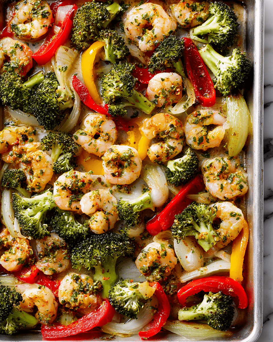 The image shows a single layer of a roasted shrimp and vegetable dish on a metal baking tray, set on a white marbled surface. The layer features plump, pink shrimp coated with green herbs, scattered evenly among bright green broccoli florets, soft yellow onion wedges, and vibrant red bell pepper slices. The textures range from the slightly crispy edges of the broccoli and bell peppers to the smooth, tender shrimp and translucent onions, all mixed together with visible seasoning and small bits of herbs. The overall look is colorful, fresh, and well-roasted, with a glossy sheen from cooking oils and spices. photo taken with an iphone --ar 4:5 --v 7