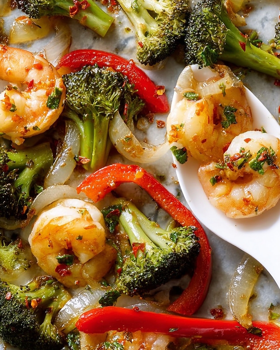 The image shows a close-up of a cooked shrimp and vegetable mix on a white marbled surface. The dish includes pinkish-orange shrimp with a glossy, slightly oily coating mixed with bright green broccoli florets that have some charred edges. There are also translucent slices of cooked onion that have a soft texture and some light browning. Red bell pepper strips add a splash of bright red color, positioned between the shrimp and vegetables. A small white triangular spoon holds a few shrimp, broccoli florets, a piece of red pepper, and a slice of onion. The ingredients look well-seasoned with small green herbs and red chili flakes scattered across. The overall look is vibrant and fresh, with a mix of soft and firm textures. Photo taken with an iphone --ar 4:5 --v 7