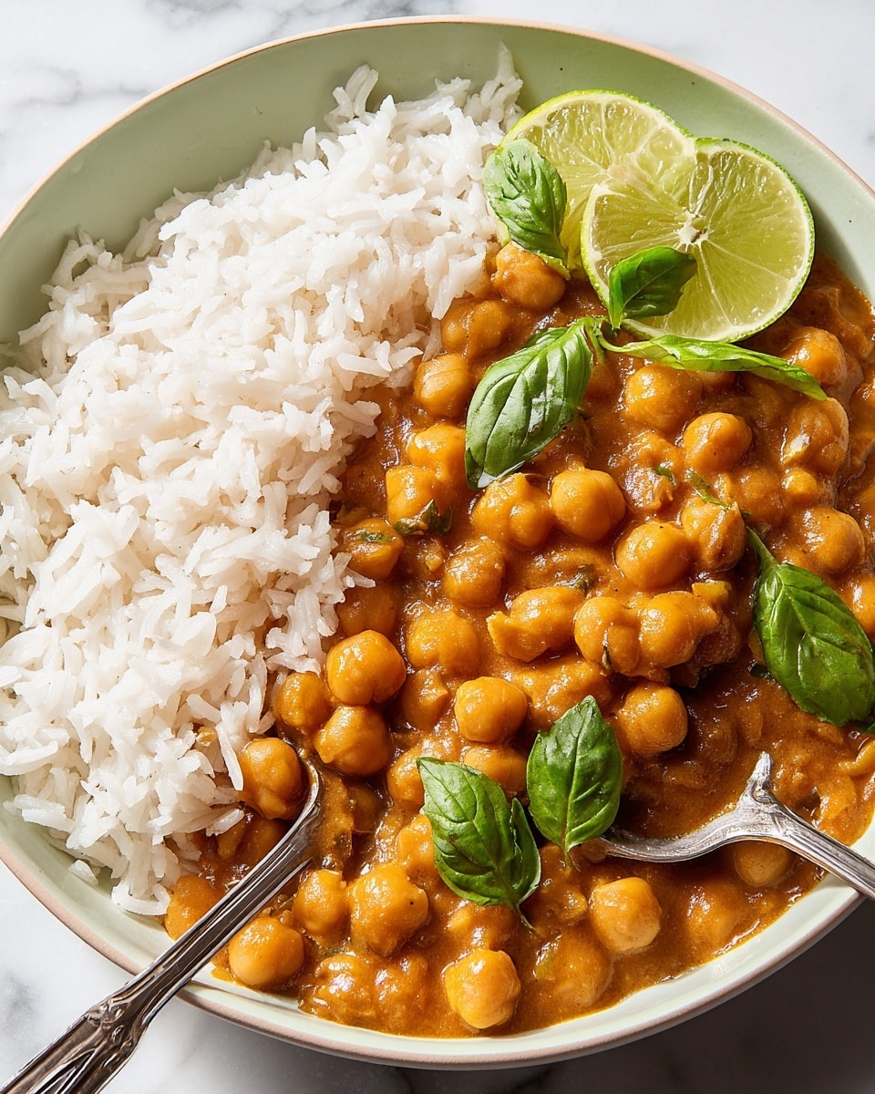 A white bowl filled with two main layers: on the left side is a heap of fluffy white rice with distinct grains, and on the right side is a thick orange-brown chickpea curry with a creamy texture that coats whole round chickpeas, topped with fresh green basil leaves for color contrast. Two squeezed lime wedges sit at the top-right edge of the bowl. A silver fork is partially inside the curry near the bottom-left, its prongs scooping some chickpeas. The bowl is placed on a white marbled surface. photo taken with an iphone --ar 4:5 --v 7