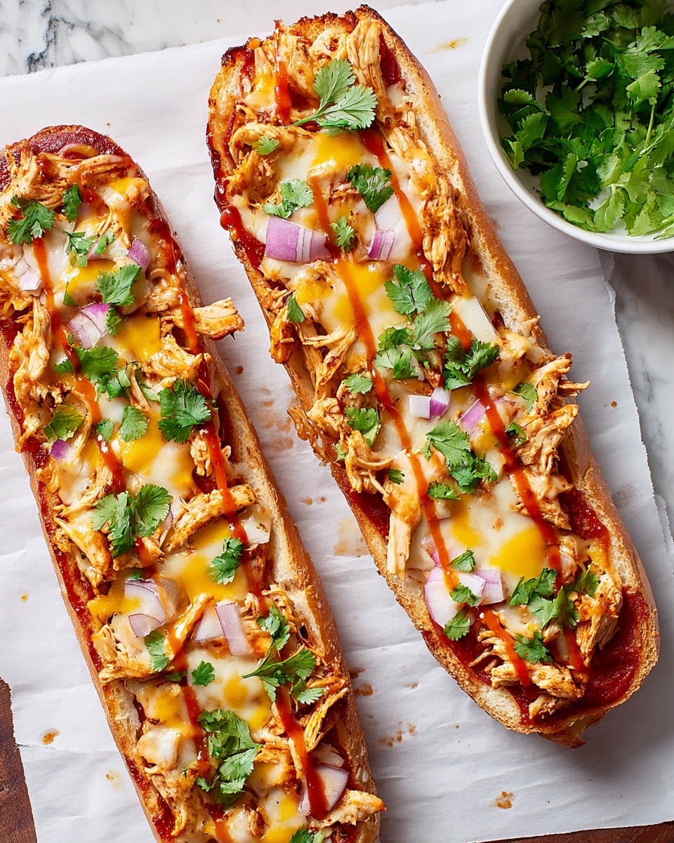 Two long slices of toasted bread lie side by side on white parchment over a white marbled surface. Each slice is layered with bright red tomato sauce as the base, topped with melted yellow and white cheese that stretches in some places. Shredded cooked chicken pieces are scattered evenly across the slices, mixed with a few thin slices of red onion. Fresh green cilantro leaves are sprinkled on top, with a drizzle of reddish sauce zigzagging over the surface. To the right, a white bowl filled with extra cilantro leaves sits partially visible. Photo taken with an iphone --ar 4:5 --v 7
