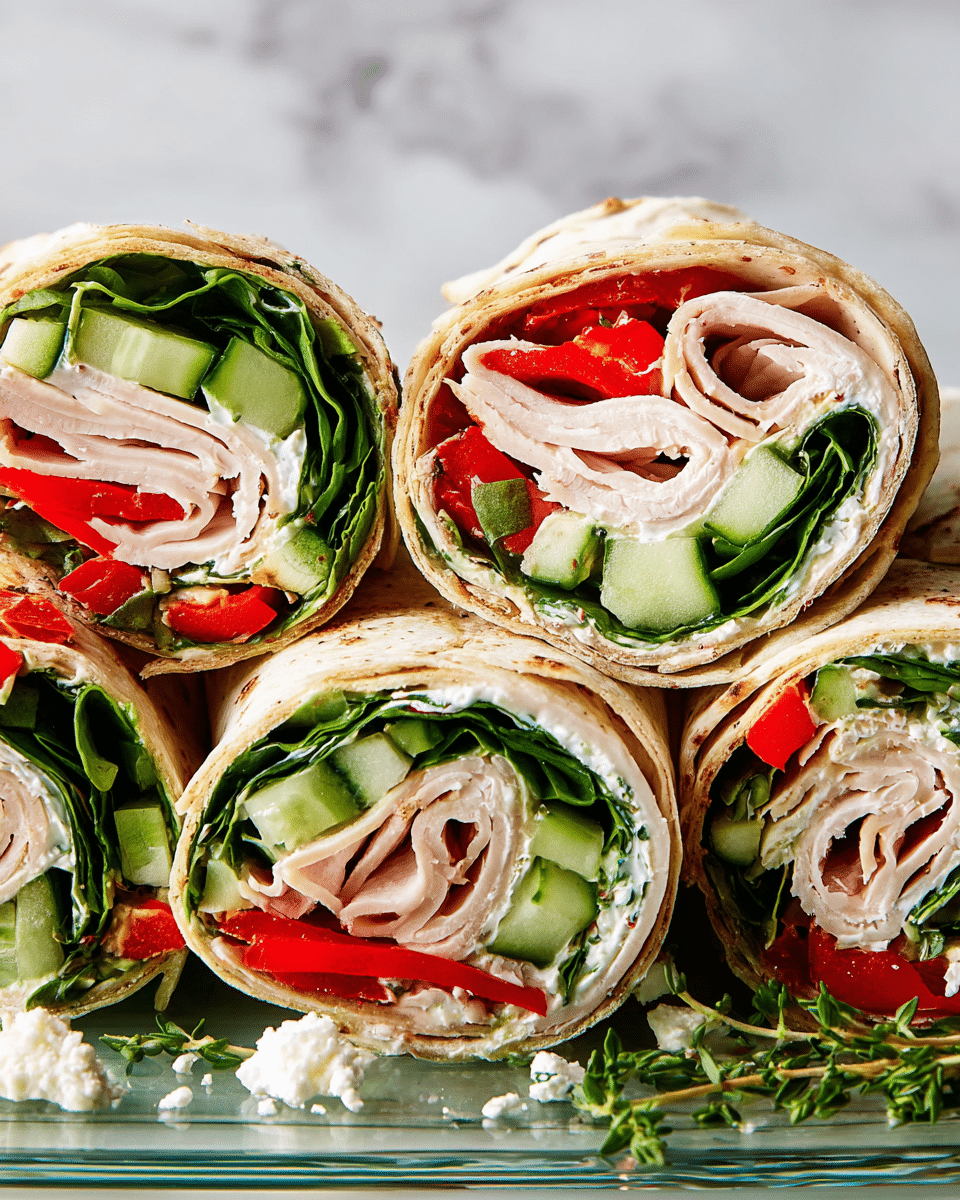 Close-up of several tortilla wraps cut in half, showing five visible layers inside each: a thin, light beige tortilla on the outside, then thin slices of pale pink turkey meat folded, creamy white cheese spread, bright red roasted pepper strips, and fresh green spinach leaves mixed with cucumber slices and herbs. The wraps are stacked closely on a clear glass plate, set on a white marbled surface with some crumbled white cheese and green herbs scattered around. photo taken with an iphone --ar 4:5 --v 7