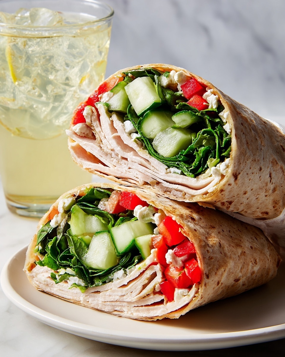 A close-up view of two halves of a wrap sandwich placed on a white plate, resting on a white marbled surface. Each wrap has four visible layers: the outer wrap is light brown with a soft and slightly toasted texture, inside is a layer of folded light beige turkey slices, followed by white cottage cheese spread, topped with diced red bell pepper, cucumber slices with pale green flesh and dark green skin, and a generous layer of bright green leafy spinach mixed with herbs. In the background, there is a clear glass filled with ice and a pale yellow liquid. photo taken with an iphone --ar 4:5 --v 7