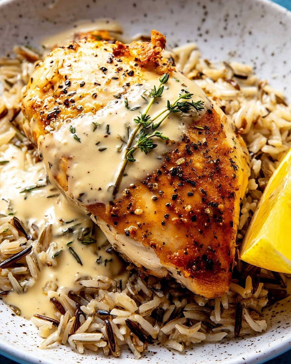 A close-up of one cooked chicken breast with a golden-brown crispy skin, showing black pepper and green herb sprigs on top. The chicken is partly covered with a pale creamy sauce that has small onion pieces and green herbs. The chicken rests on a bed of wild rice with white and brown grains mixed together. A slice of yellow lemon is placed beside the chicken on a white speckled plate. The background surface is white marble, creating a clean and bright setting. Photo taken with an iphone --ar 4:5 --v 7