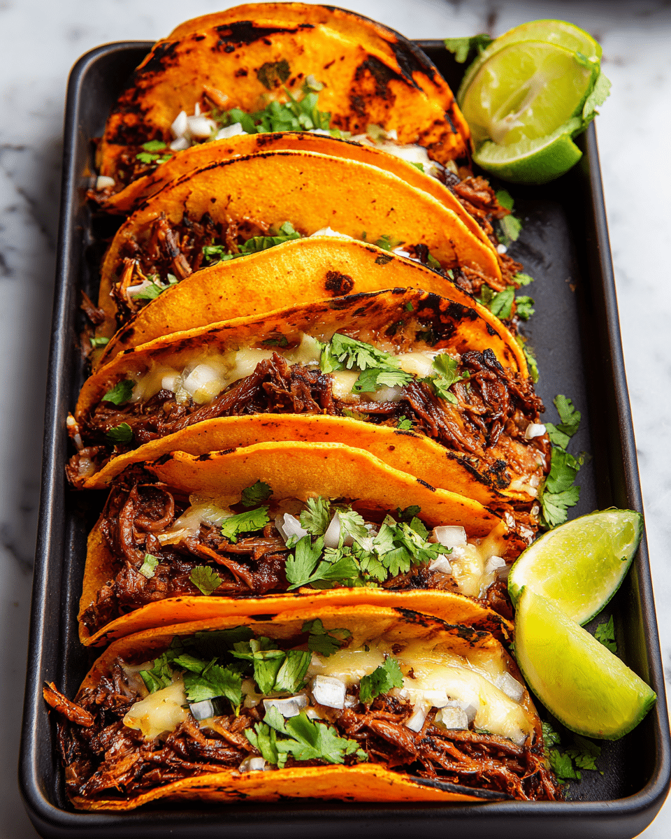 Two folded orange-red tortillas with a slightly charred texture hold dark brown shredded meat mixed with fresh green cilantro leaves and small white onion pieces. The tacos sit on a round white plate with a slightly raised edge, placed on a white marbled surface. To the right of the tacos, a white cup filled with dark red broth topped with diced white onions and green cilantro shorts is visible, and two lime wedges rest near the cup. The image is bright and clear with a close-up view. photo taken with an iphone --ar 4:5 --v 7