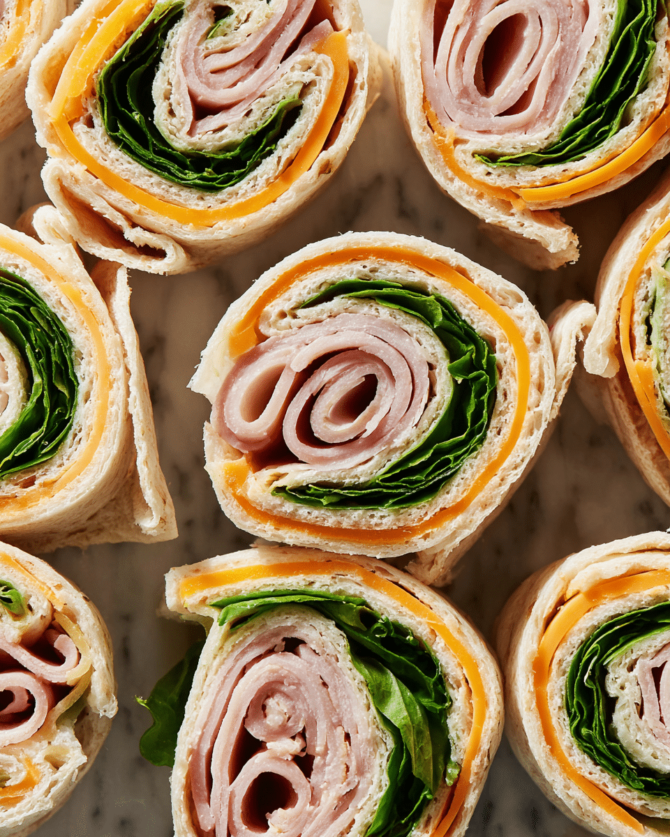 The image shows several close-up pinwheel sandwiches on a white marbled surface, each made of three visible layers inside a soft white tortilla wrap: the outermost layer is the light beige tortilla, inside that is a smooth orange cheddar cheese slice, then a thin pink turkey meat layer, and the innermost layer consists of fresh, bright green leafy spinach tightly rolled to form a spiral design. The sandwiches are cut into thick, round slices, tightly packed together with their spiral swirls clearly visible. Photo taken with an iphone --ar 4:5 --v 7