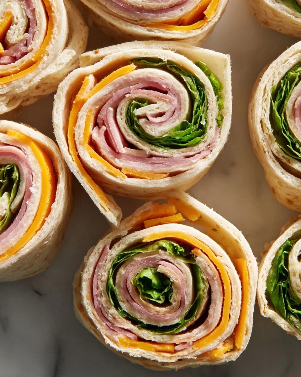The close-up view shows several rolled tortilla pinwheel sandwiches arranged on a white marbled surface. Each pinwheel has a visible soft and slightly toasted flour tortilla outer layer that wraps around three inner layers: the first layer is a thin slice of orange cheddar cheese, the next is pink ham, and the innermost layer consists of fresh, bright green leaf lettuce. The textures vary from the smoothness of the melted cheese to the slightly moist ham and the crisp, curly lettuce, all tightly rolled to reveal a spiral pattern when sliced. Photo taken with an iphone --ar 4:5 --v 7