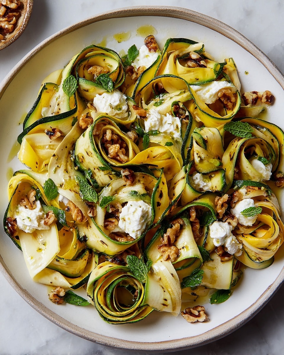 A large white plate with thin green and yellow grilled zucchini ribbons arranged loosely in overlapping loops, some pieces folded and showing grill marks with light charring, topped with small dollops of soft white cheese. Scattered whole walnut pieces and tiny green mint leaves add texture and color. Light seasoning and a few seeds sprinkle over the dish, and some lemon zest dots show brightness. The plate sits on a white marbled surface. Photo taken with an iphone --ar 4:5 --v 7