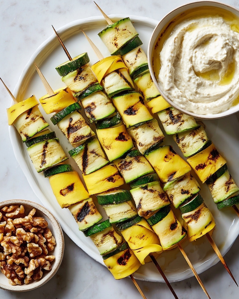 The dish shows several skewers laid out on a white plate on a white marbled surface, each skewer holding thinly sliced, grilled zucchini and yellow squash with visible dark grill marks. The green-skinned zucchini slices and the yellow squash slices alternate closely, creating a pattern of green and yellow ribbons with a slightly charred, textured surface. To the right side of the plate is a bowl filled with a creamy, white dip, thick in texture, while on the left corner is a small bowl containing walnut halves coated in oil, adding a rich brown color and glossy texture. Photo taken with an iphone --ar 4:5 --v 7