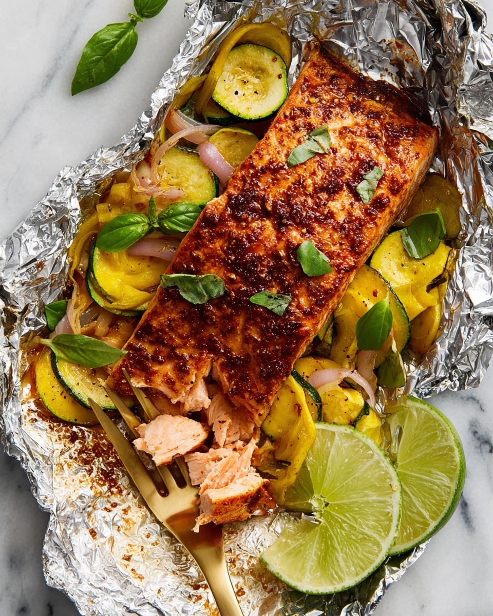 A cooked salmon fillet with a golden brown, slightly charred, and textured top layer rests on a bed of grilled yellow and green zucchini slices mixed with small pieces of cooked red onion, all wrapped in crinkled aluminum foil. The salmon is flaked at one end, revealing its soft, light pink interior, with a gold fork holding a piece of the fish near the center. Fresh green basil leaves are scattered on the zucchini and salmon. A wedge of lime with a bright green rind and juicy interior is placed on the white marbled surface next to the foil. photo taken with an iphone --ar 4:5 --v 7