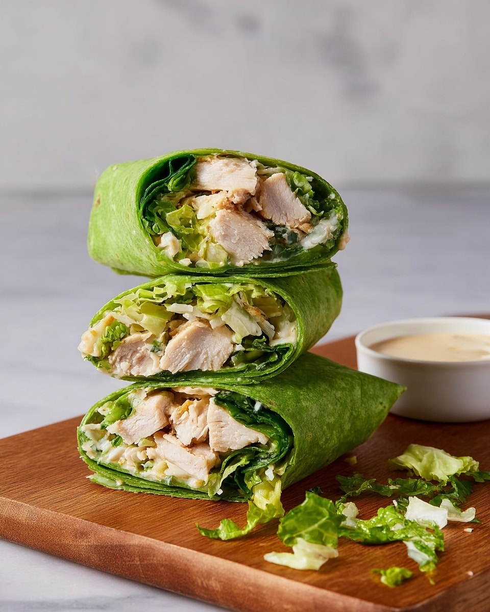 The image shows three thick pieces of chicken wrap stacked on top of each other, each wrapped with a bright green spinach tortilla. The wraps have visible layers inside, including chunks of cooked chicken, shredded green lettuce, and a light sauce or dressing that adds a slight shine. The pieces are placed on a wooden board, with some lettuce bits scattered around. To the right, there is a small white bowl filled with a creamy dressing. The background features a white marbled surface and a light, neutral wall. photo taken with an iphone --ar 4:5 --v 7