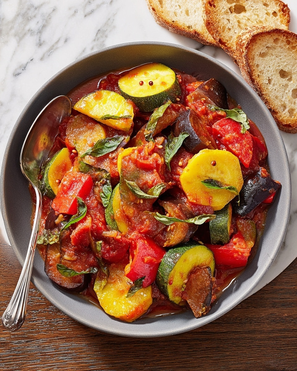 The image shows a grey bowl filled with cooked vegetables mixed with a rich red tomato sauce. The vegetables include thick slices of yellow squash, green zucchini, dark purple eggplant pieces, and bright red bell pepper chunks spread evenly throughout the dish. The tomato sauce coats the vegetables lightly, adding a vibrant red color with small seeds visible in the sauce. Green basil leaves are thinly sliced and sprinkled on top for a fresh look. A spoon rests on the left edge of the bowl, and two pieces of sliced toasted bread sit nearby on the table. The background features a white marbled texture. photo taken with an iphone --ar 4:5 --v 7