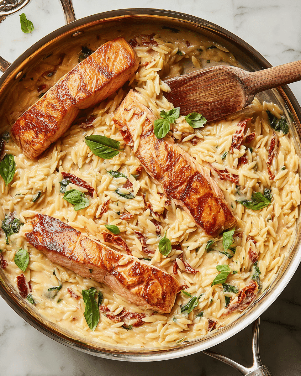 A stainless steel skillet holds a creamy orzo pasta dish with visible thin sun-dried tomato strips mixed throughout the pale beige sauce. On top lie three large pieces of golden-brown cooked salmon with a slightly crispy skin. Bright green basil leaves are scattered across the pasta and salmon as garnish. A wooden spoon rests inside the skillet, partially covered with sauce and orzo, with a piece of salmon underneath. The background surface is a white marbled texture. photo taken with an iphone --ar 4:5 --v 7
