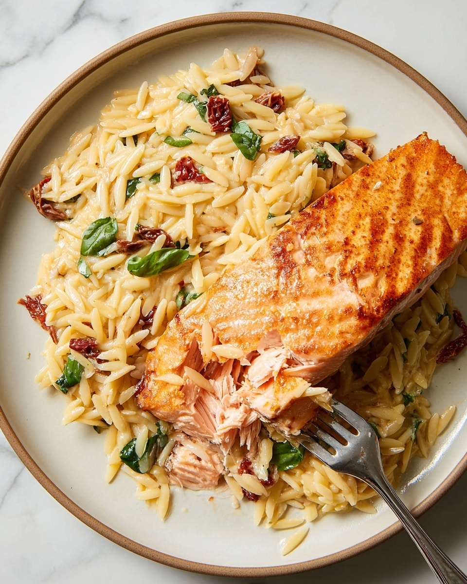 A white plate with a light brown rim holds a meal with two main layers: a creamy orzo pasta mixed with small pieces of sun-dried tomatoes and green basil leaves, and a large, golden-brown grilled salmon fillet placed on top. The orzo pasta is light yellow with a smooth, creamy texture, spread evenly on the bottom of the plate. The salmon fillet is thick and flaky with a nicely seared surface showing grill marks and a bright orange color with some light pink inside. A fork is placed at the front of the plate, piercing a small bite of salmon and some orzo. The plate is set on a white marbled surface. Photo taken with an iphone --ar 4:5 --v 7
